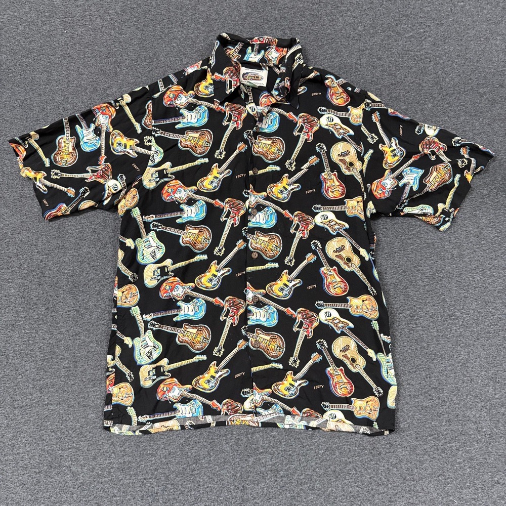 Vintage Reyn Spooner Guitar Shirt Mens Small Black Good Art of Eddy Y Rayon